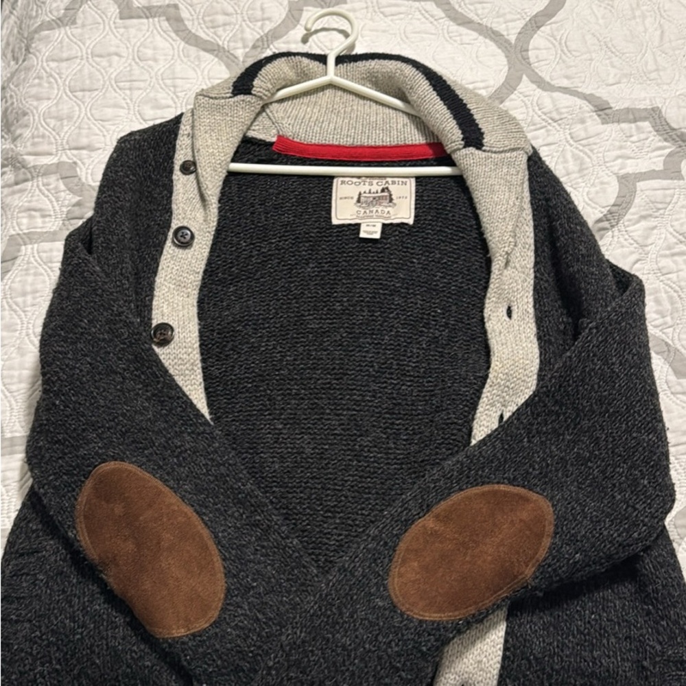 Roots Men's Dark Gray Cardigan with Brown Patches